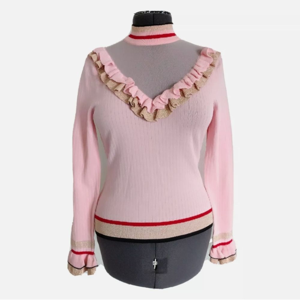 MOELLEUX Anthropologie Pink Metallic Gold Ruffle Mock Knit SWEATER TOP XS ribbed